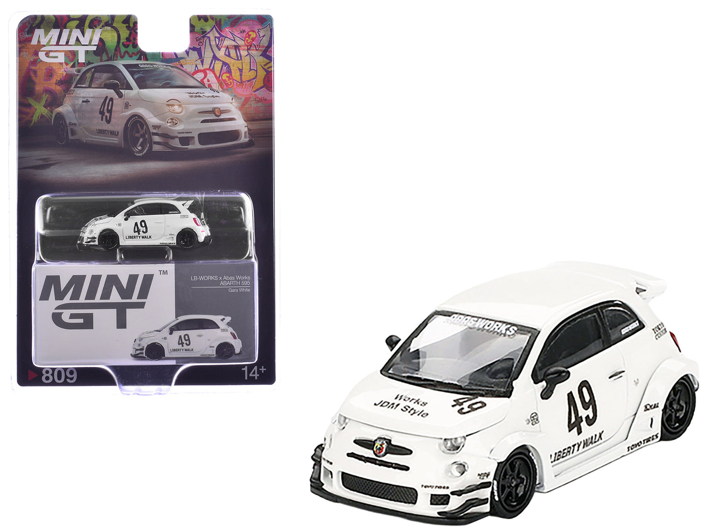 ABARTH 595 #49 "LB-Works x Abas Works" Gara White Limited Edition 1/64 Diecast Model Car
