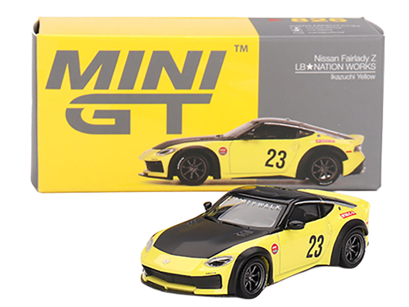 Nissan Z "LB-Nation Works" #23 Ikazuchi Yellow with Black Hood and Top Limited Edition 1/64 Diecast Model Car