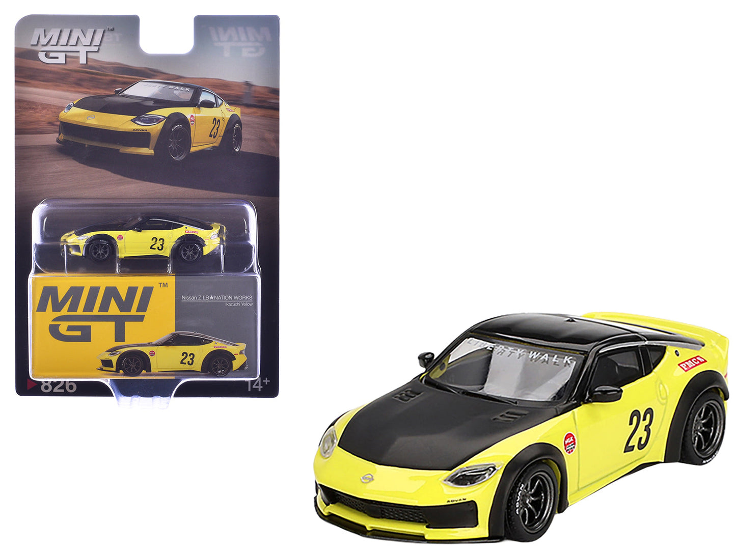 Nissan Z "LB-Nation Works" #23 Ikazuchi Yellow with Black Hood and Top Limited Edition 1/64 Diecast Model Car