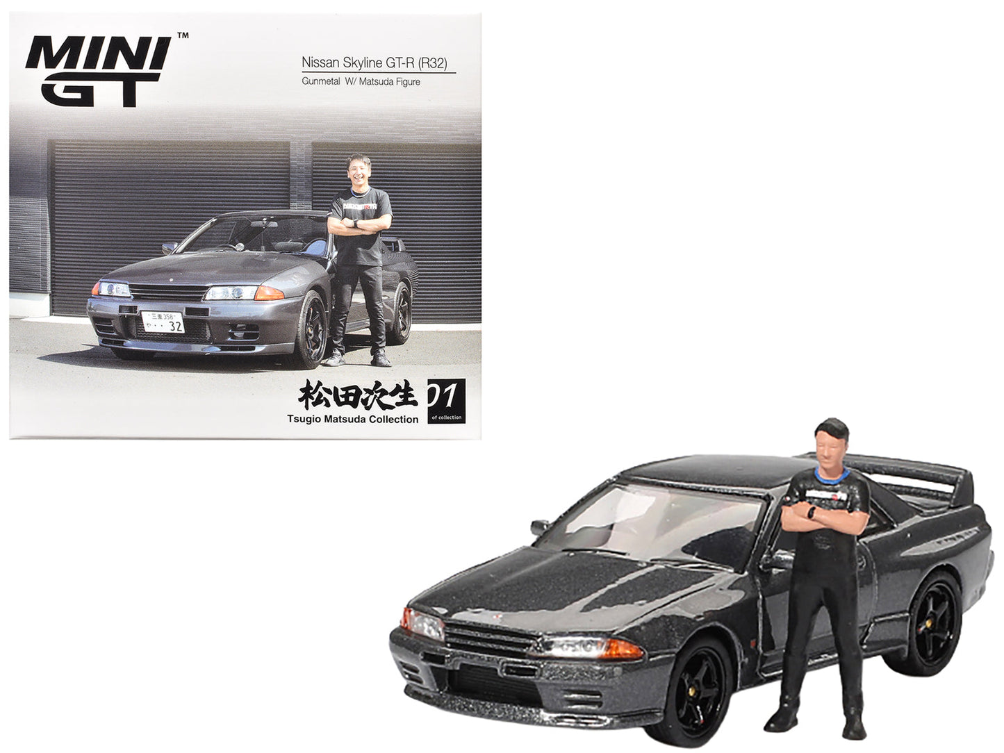Nissan Skyline GT-R (R32) RHD (Right Hand Drive) Gunmetal Gray Metallic with Tsugio Matsuda Figure Limited Edition 1/64 Diecast Model Car