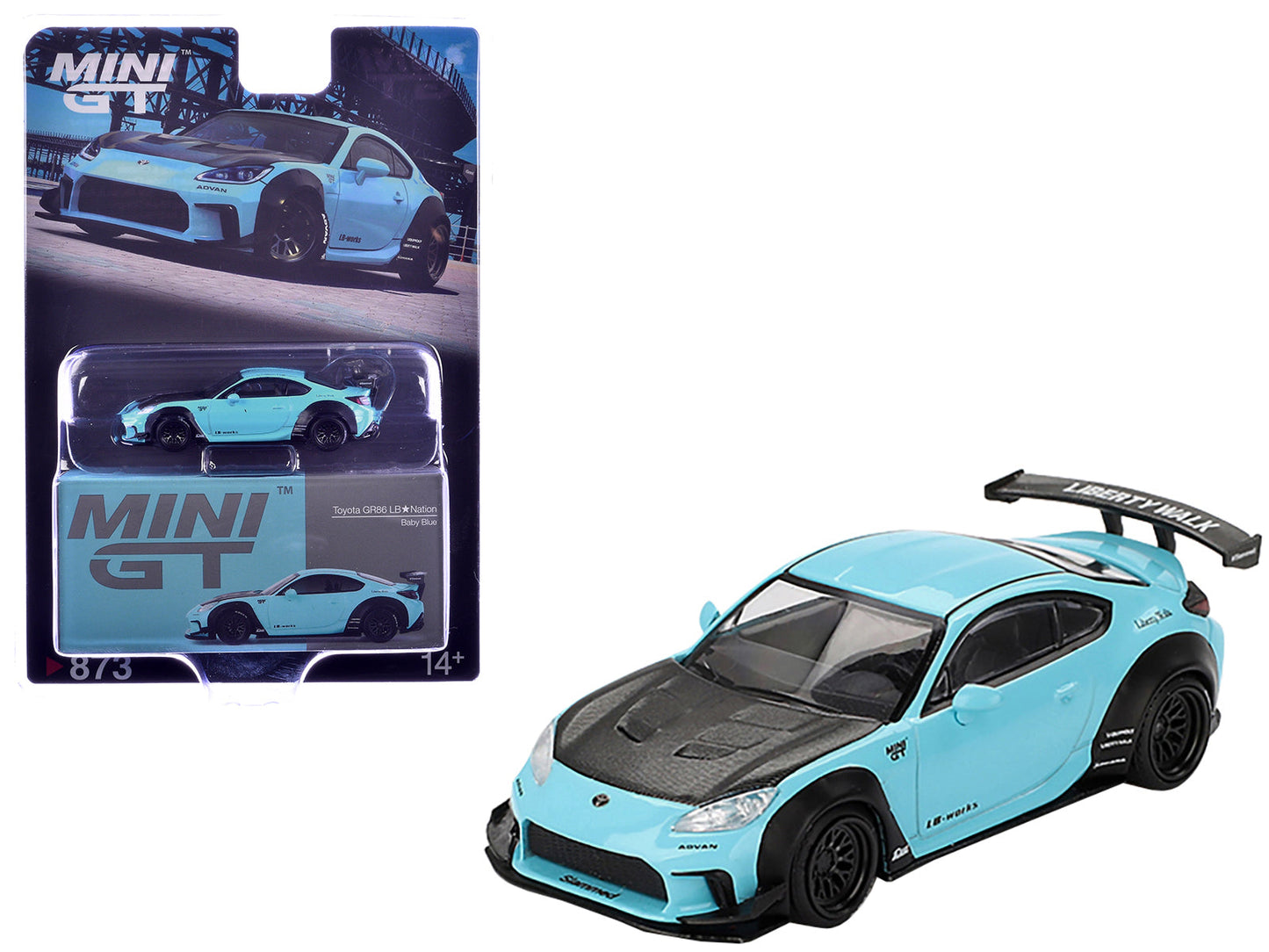 Toyota GR86 "LB-Nation - Liberty Walk" Baby Blue with Carbon Hood Limited Edition 1/64 Diecast Model Car