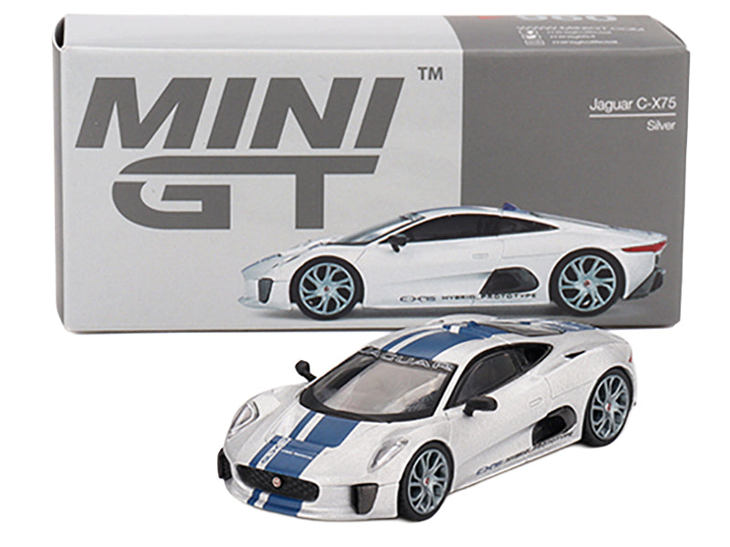 Jaguar C-X75 Silver Metallic with Blue Stripes Limited Edition 1/64 Diecast Model Car