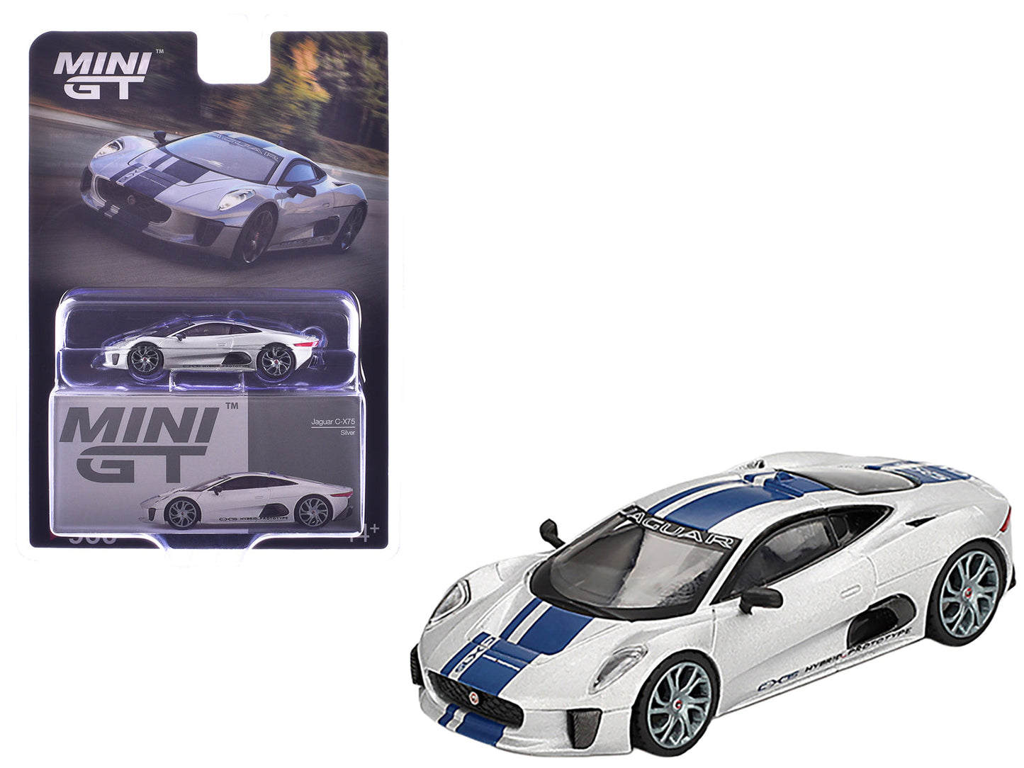Jaguar C-X75 Silver Metallic with Blue Stripes Limited Edition 1/64 Diecast Model Car