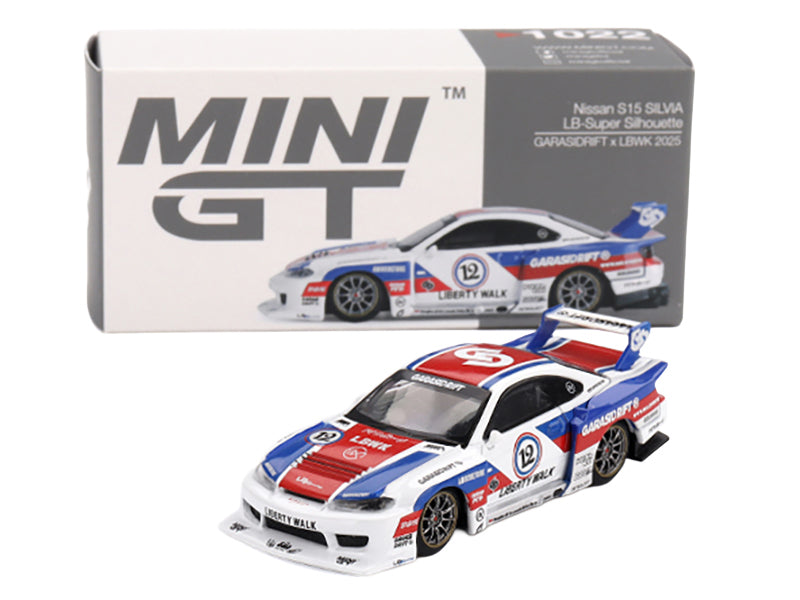 Nissan "LB-Super Silhouette" S15 SILVIA RHD (Right Hand Drive) "GARASIDRIFT x LBWK 2025" White with Blue and Red Stripes Limited Edition 1/64 Diecast Model Car
