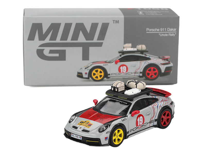 Porsche 911 Dakar #19 "Uncle Rally" Gray with Graphics and Roof Rack Limited Edition 1/64 Diecast Model Car