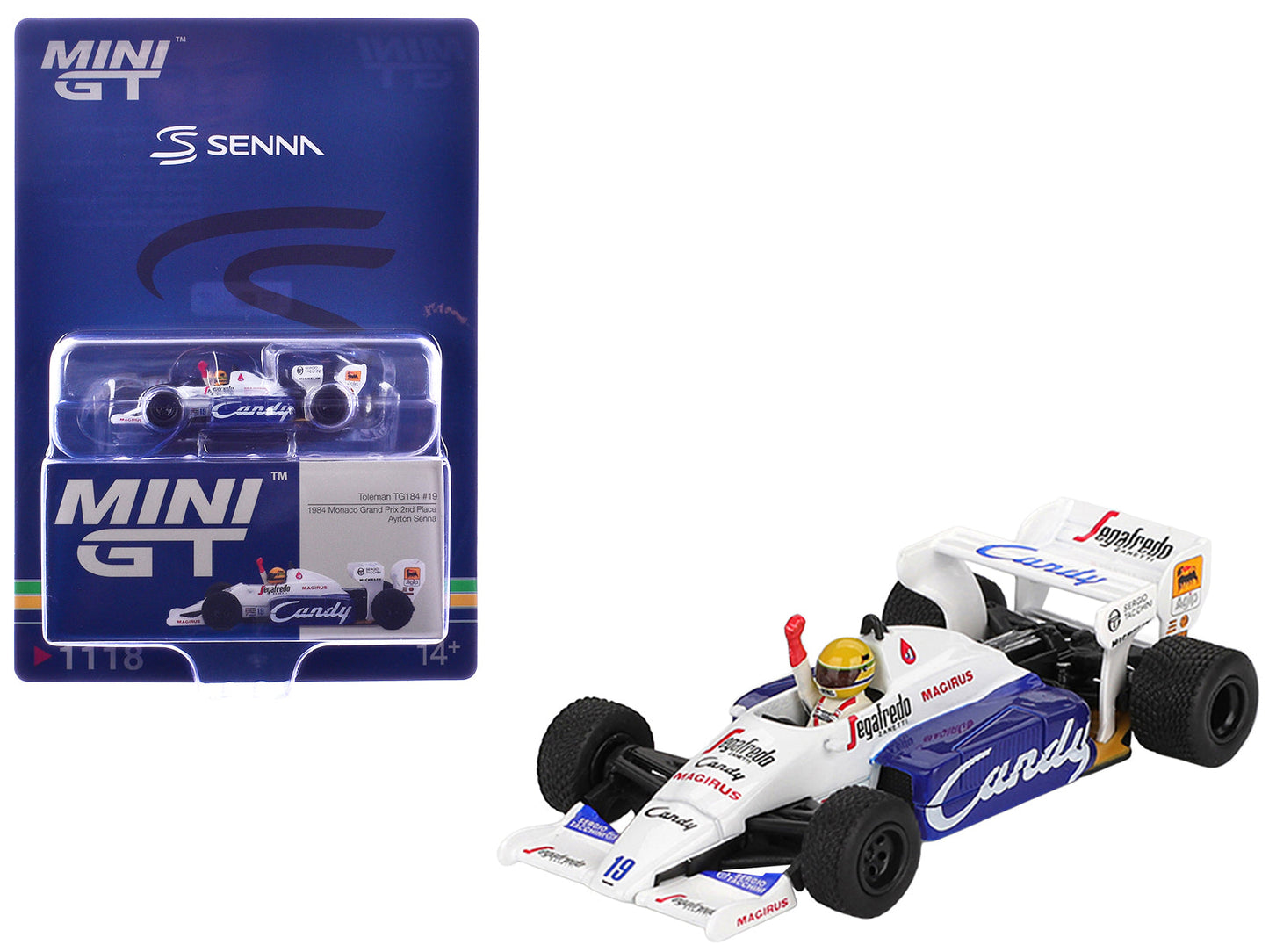 Toleman TG184 #19 Ayrton Senna 2nd Place Formula One F1 "Monaco GP" (1984) with Driver Figure Limited Edition 1/64 Diecast Model Car