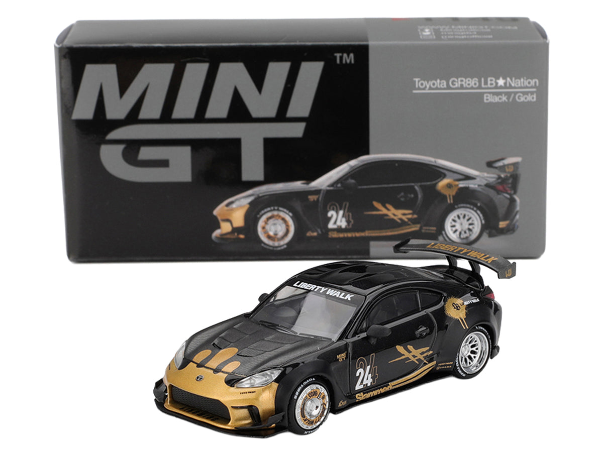 Toyota GR86 "LB-Nation - Liberty Walk" #24 Black with Carbon Hood and Gold Graphics Limited Edition 1/64 Diecast Model Car