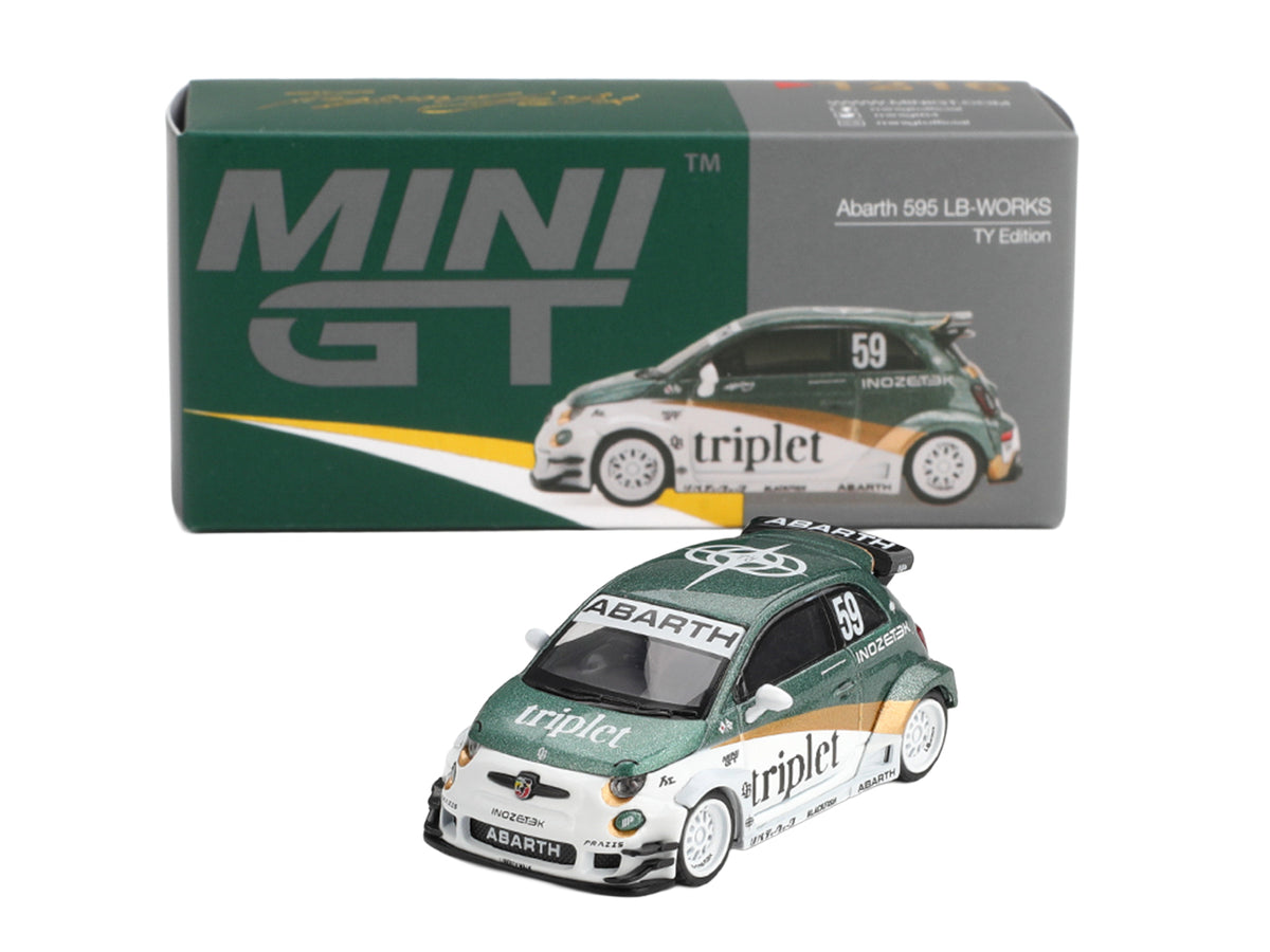 Abarth 595 LB-Works "TY Edition" #59 Green Metallic and White with Gold Stripes and Graphics Limited Edition 1/64 Die Cast Model Car