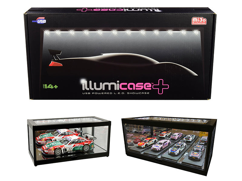 Black Collectible Display Show Case Illumicase+ with LED Lights and Mirror Base and Back for 1/64 1/43 1/32 1/24 1/18 Scale Models