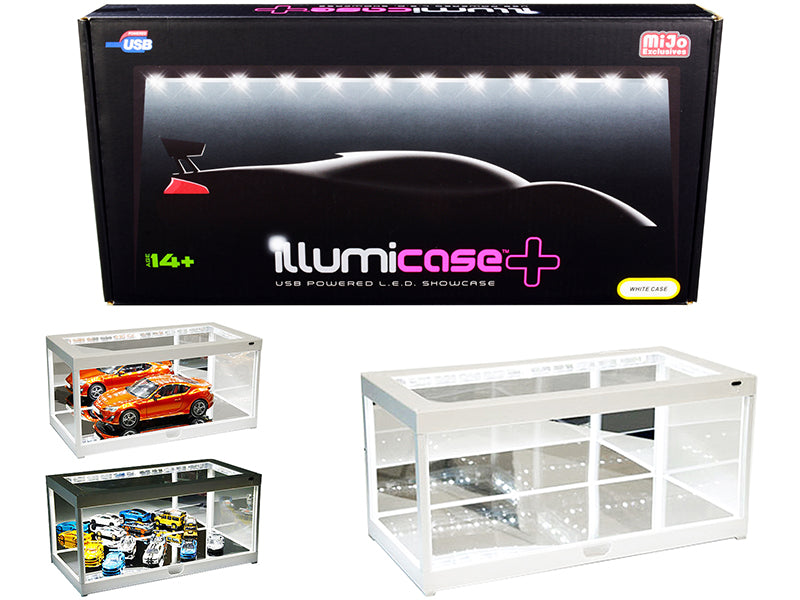 White Collectible Display Show Case Illumicase+ with LED Lights and Mirror Base and Back for 1/64 1/43 1/32 1/24 1/18 Scale Models