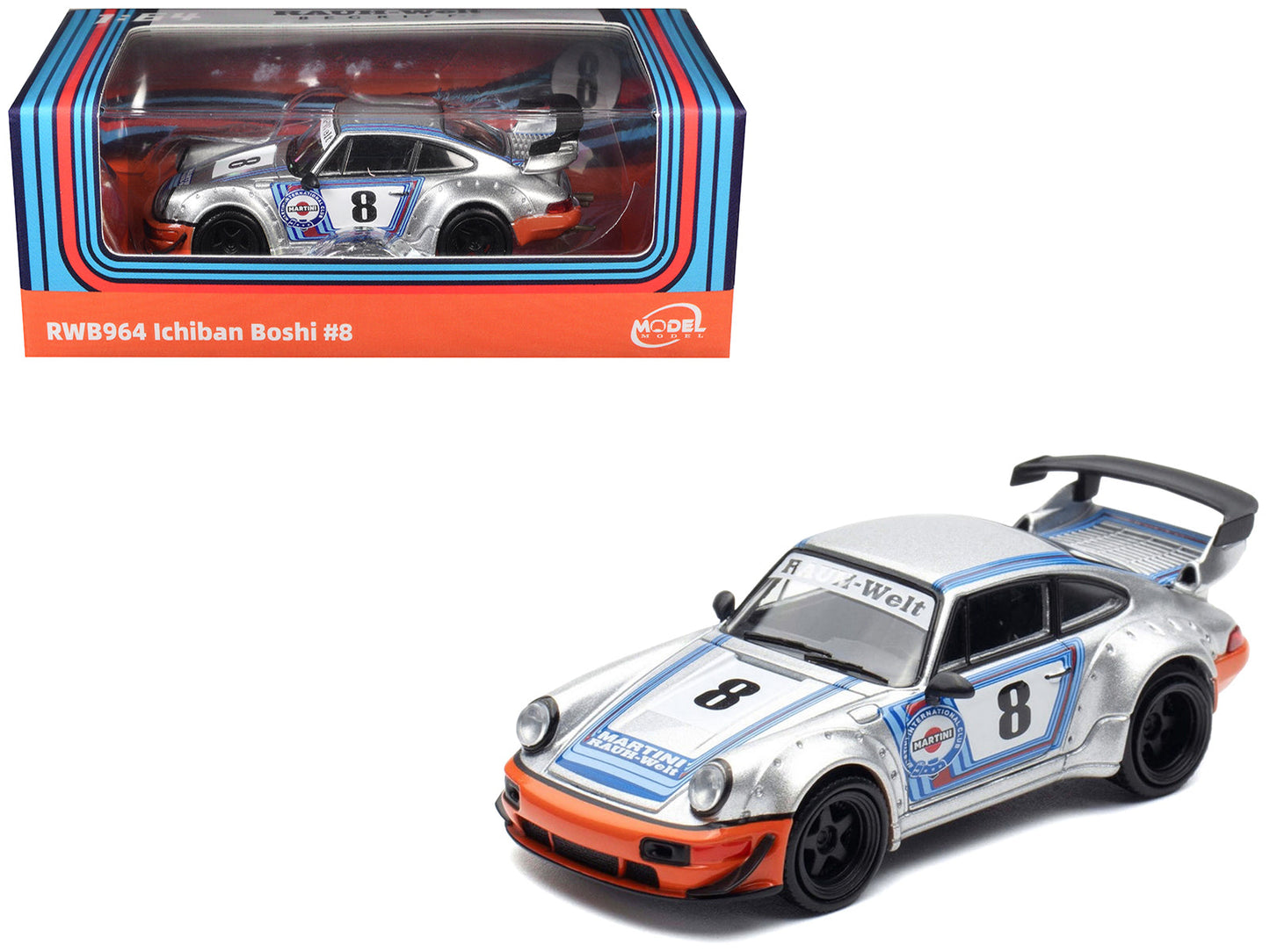 RWB 964 #8 "Ichiban Boshi - Martini Racing" Silver Metallic with Stripes 1/64 Diecast Model Car