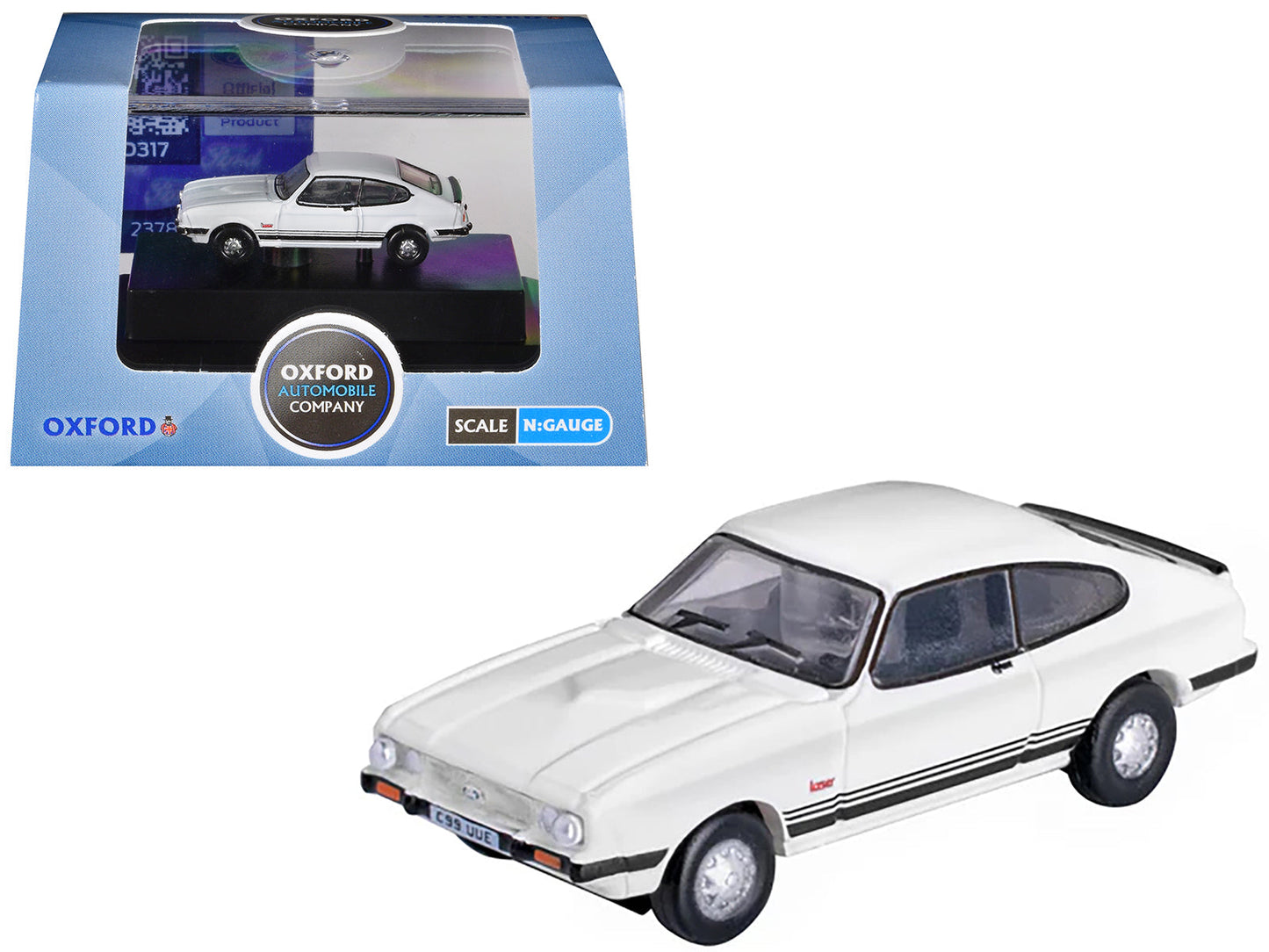 Ford Capri Mk3 RHD (Right Hand Drive) Diamond White with Black Stripes 1/148 (N) Scale Diecast Model Car