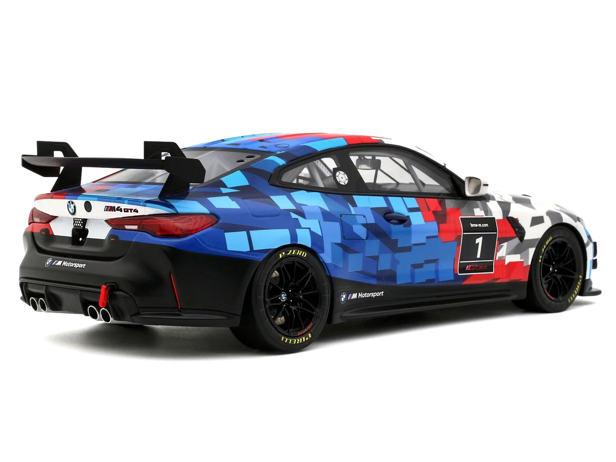 2024 BMW M4 GT4 #1 "M Motorsport Livery" Black and White with Red and Blue Graphics Limited Edition to 999 pieces Worldwide 1/18 Model Car