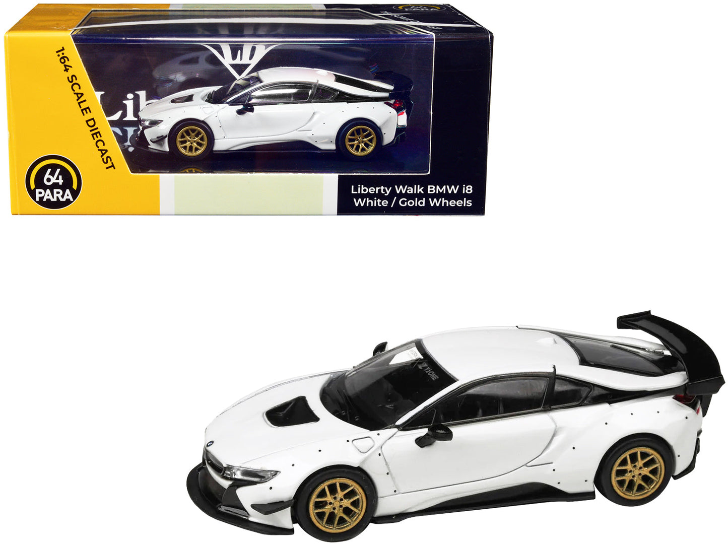 BMW i8 Liberty Walk White with Gold Wheels 1/64 Diecast Model Car