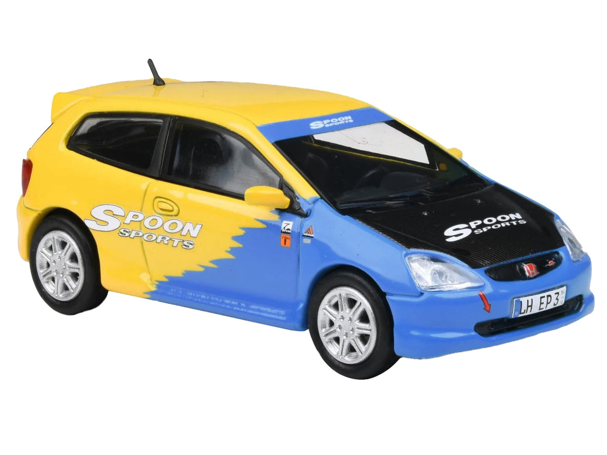 2001 Honda Civic Type R EP3 Blue and Yellow with Black Hood "Spoon Sports" 1/64 Diecast Model Car