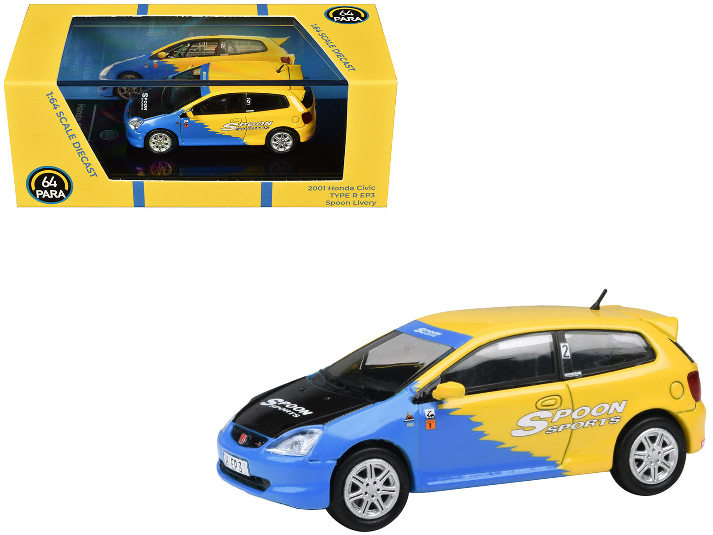 2001 Honda Civic Type R EP3 Blue and Yellow with Black Hood "Spoon Sports" 1/64 Diecast Model Car