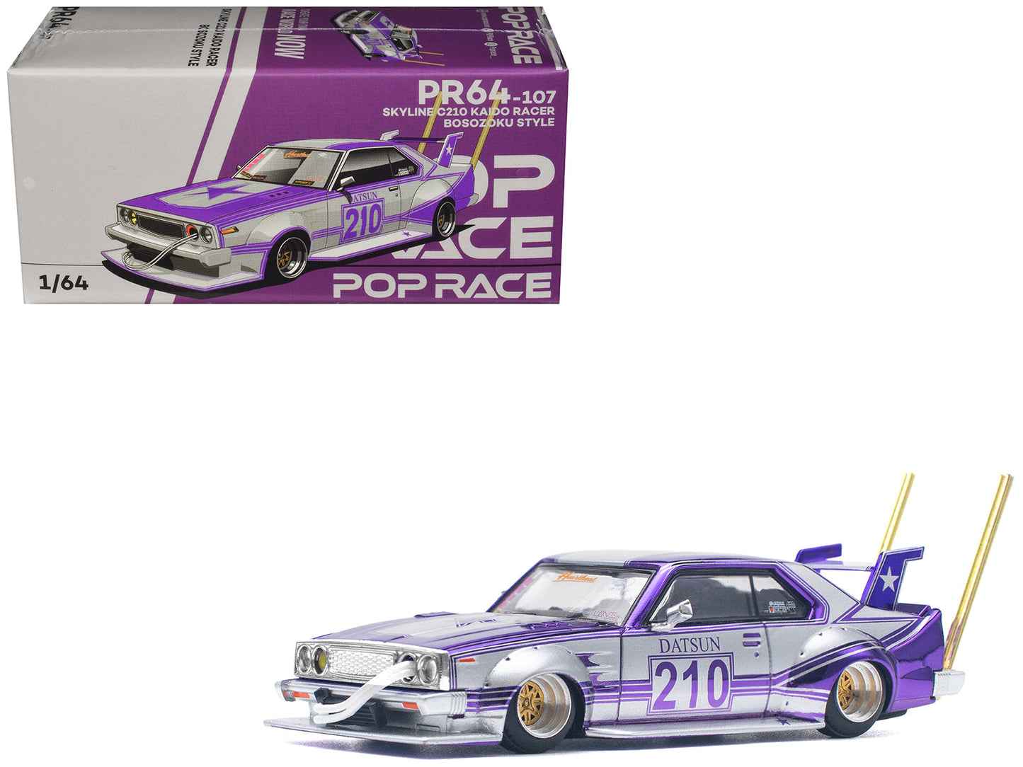 Skyline C210 Kaido Racer "Bosozoku Style" RHD (Right Hand Drive) #210 Purple and Silver 1/64 Diecast Model Car