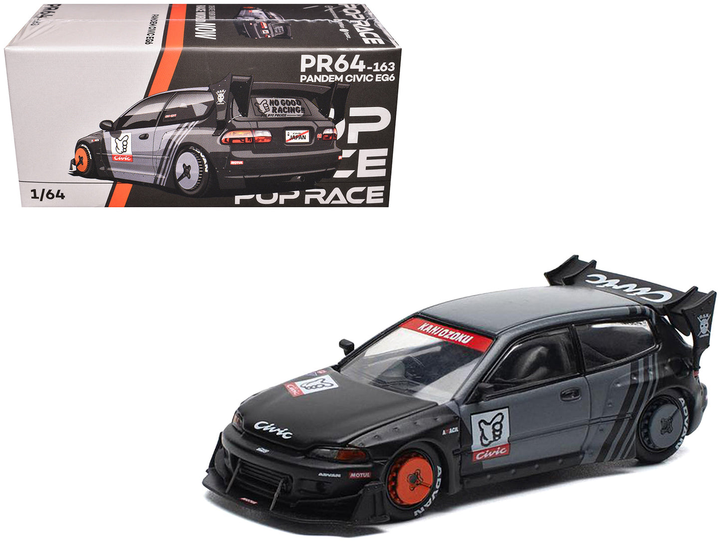Pandem Civic EG6 RHD (Right Hand Drive) "Kanjozoku" Matt Black and Gray with Graphics 1/64 Diecast Model Car