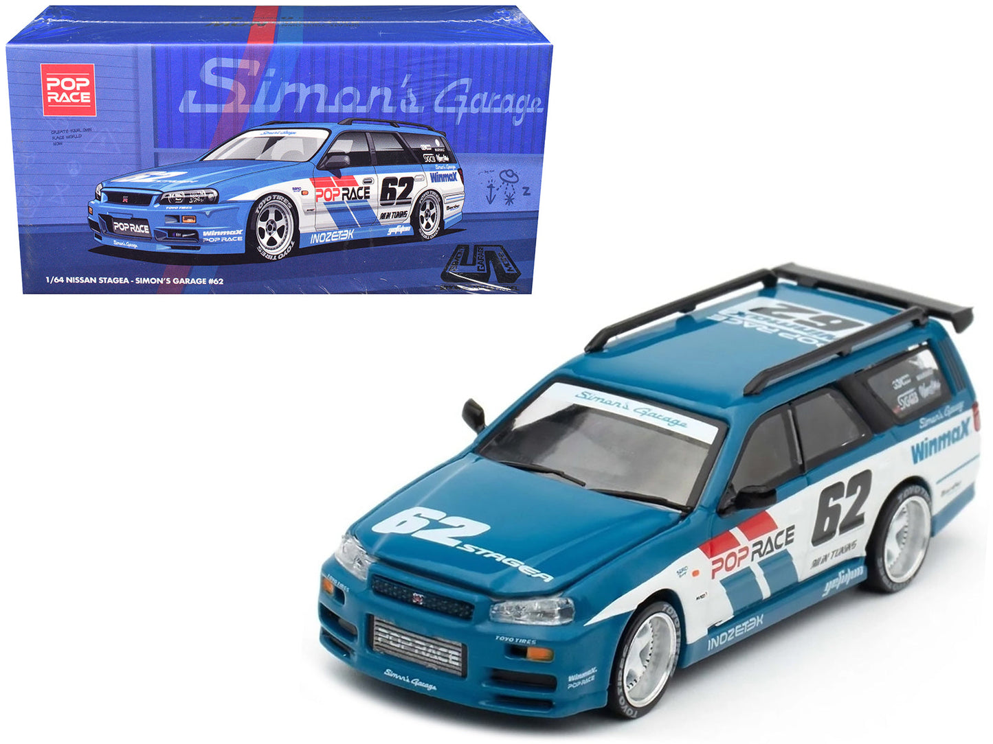 Nissan Stagea RHD (Right Hand Drive) #62 "Simon's Garage" Blue with White Sides 1/64 Diecast Model Car