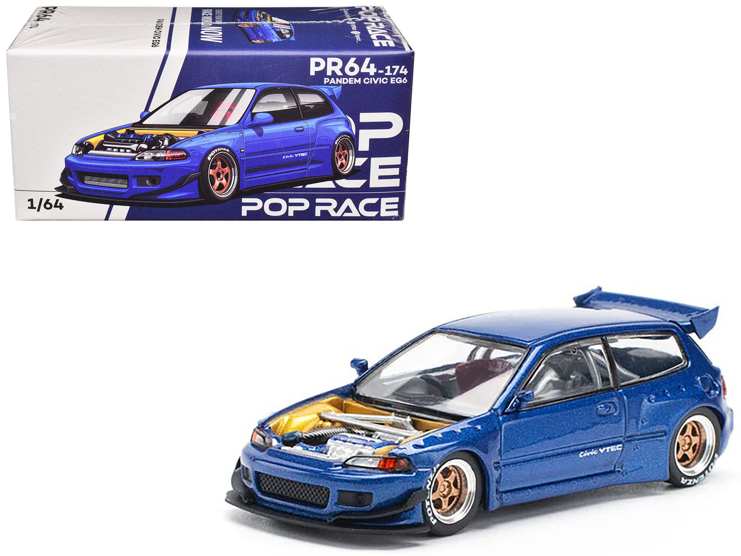 Pandem Civic EG6 VTEC RHD (Right Hand Drive) Blue Metallic with No Hood 1/64 Diecast Model Car