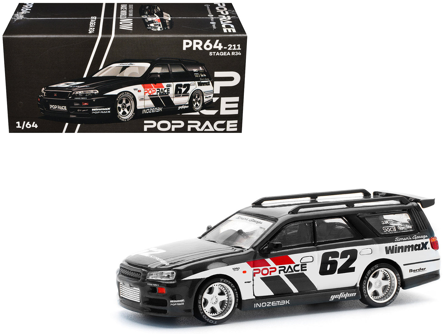 GT-R Stagea RHD (Right Hand Drive) #62 "Simon's Garage" Black with White Sides 1/64 Diecast Model Car