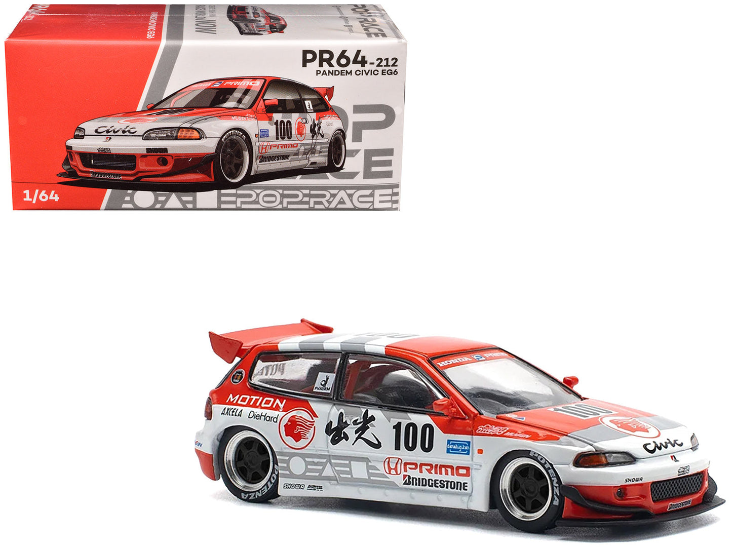 Pandem Civic EG6 V1.5 RHD (Right Hand Drive) #100 "Idemitsu Motion Infinite" White and Red with Graphics 1/64 Diecast Model Car