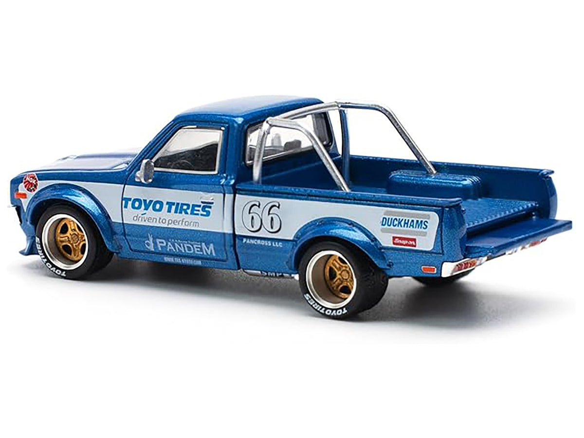 Datsun Pandem 620 Pickup Truck #66 Blue Metallic with White Stripes and Graphics 1/64 Diecast Model Car