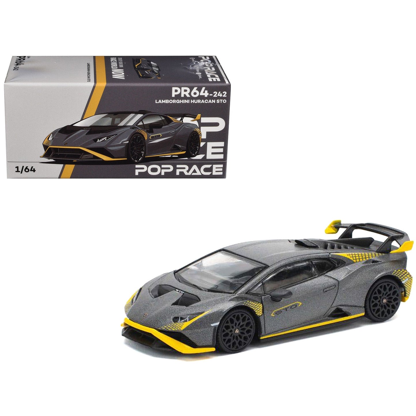 Lamborghini Huracan STO Matt Gray Metallic with Yellow Accents 1/64 Diecast Model Car