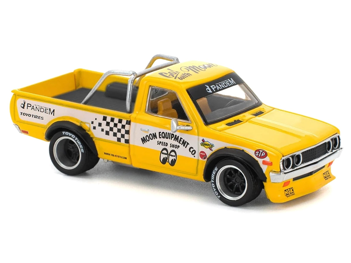 Datsun Pandem 620 Pickup Truck "MoonEyes" Yellow with White Sides and Graphics 1/64 Diecast Model Car