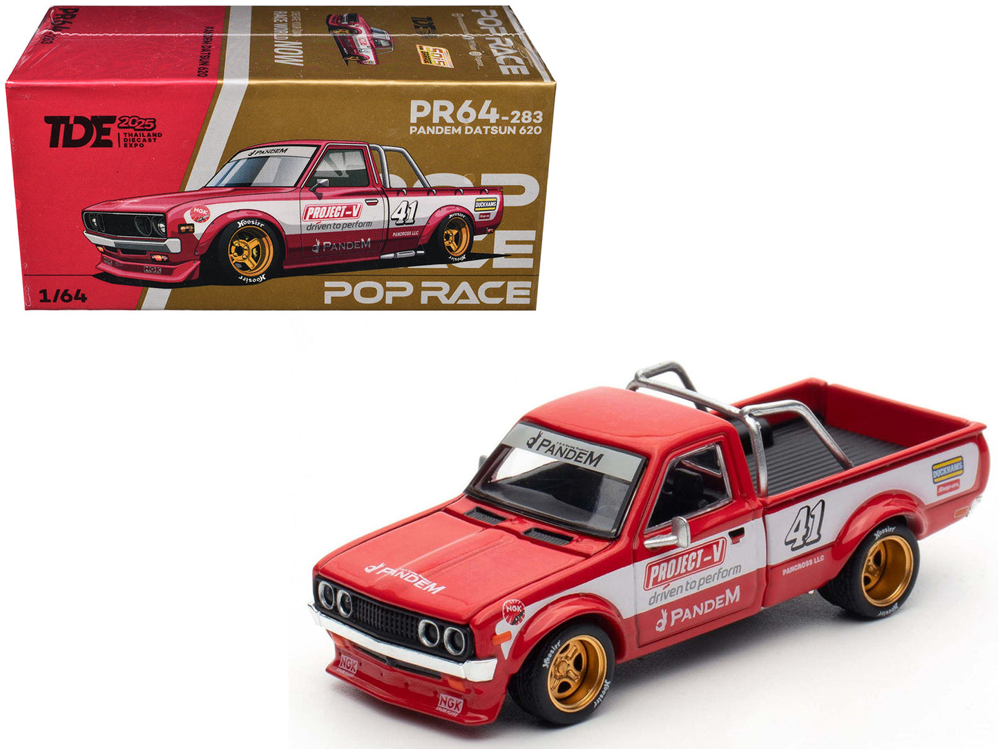 Datsun Pandem 620 Pickup Truck #41 Red Metallic with White Stripes and Graphics "2025 Thailand Diecast Expo" 1/64 Diecast Model Car
