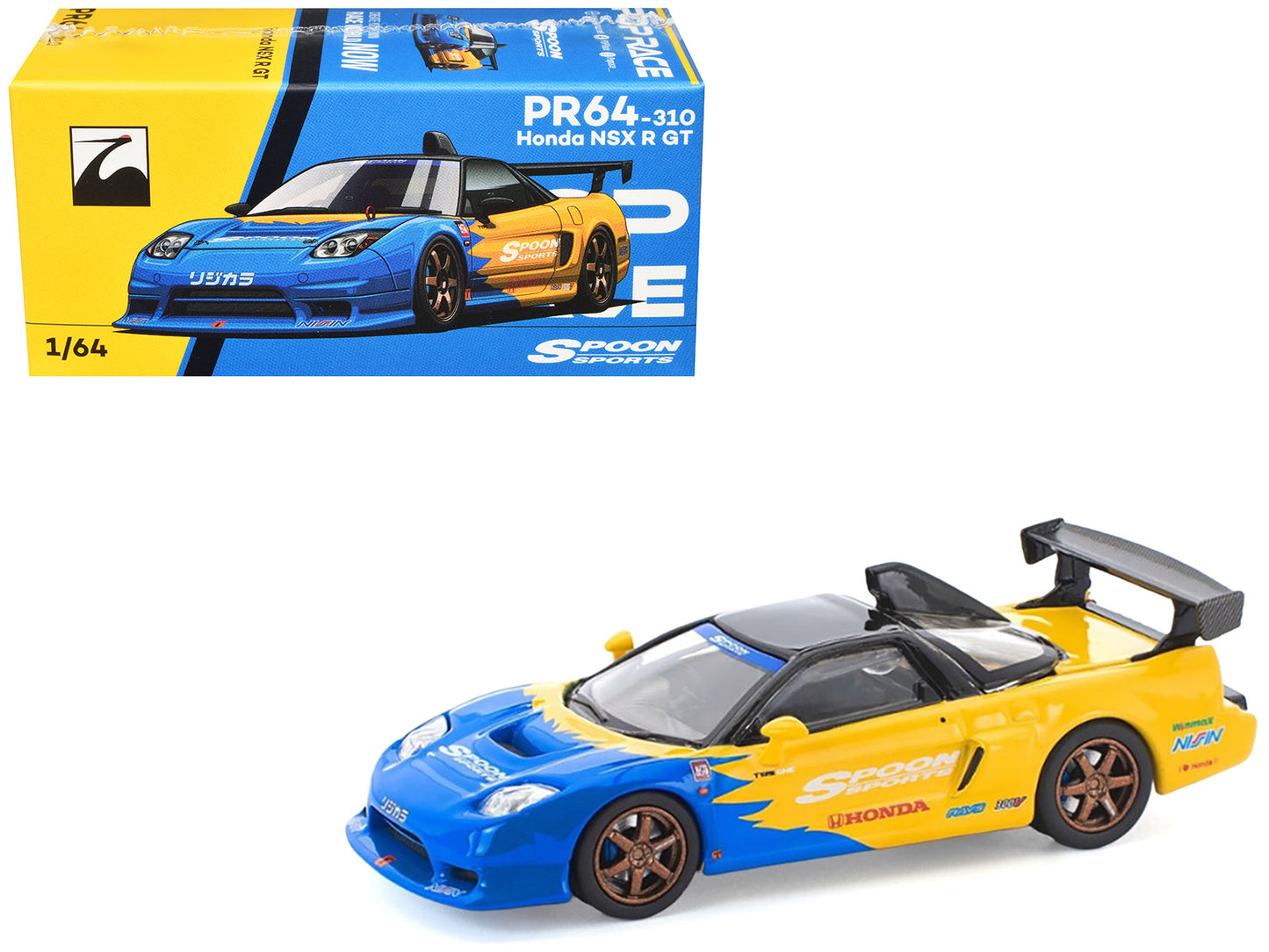 Honda NSX-R GT RHD (Right Hand Drive) "Spoon Sports" Blue and Yellow with Black Top 1/64 Diecast Model Car