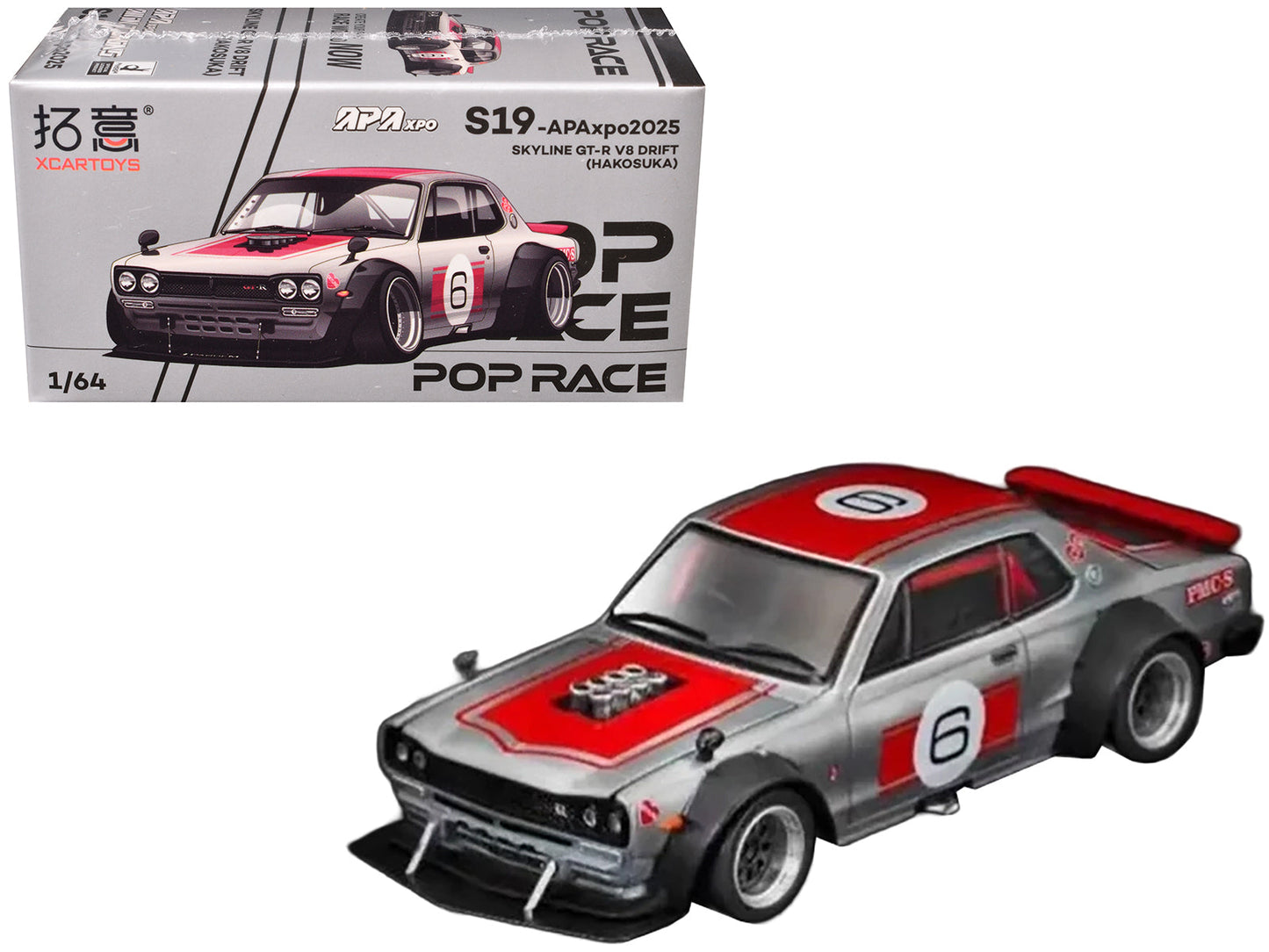 Skyline GT-R V8 Drift "Hakosuka" RHD (Right Hand Drive) #6 Silver Metallic with Red Stripes "APA XPO 2025 Exclusive" 1/64 Diecast Model Car