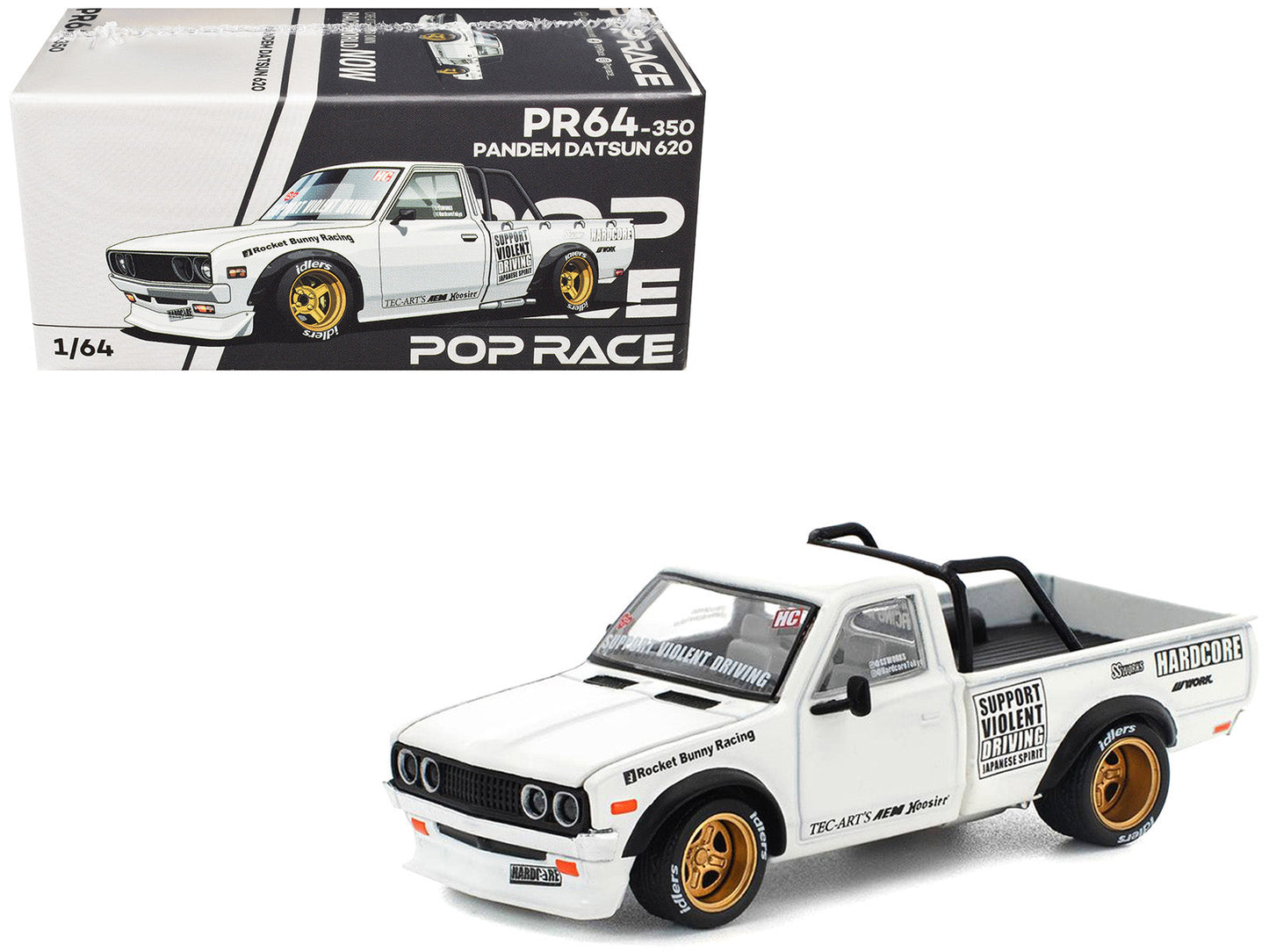 Datsun Pandem 620 Pickup Truck "Rocket Bunny Racing" White with Graphics 1/64 Diecast Model Car