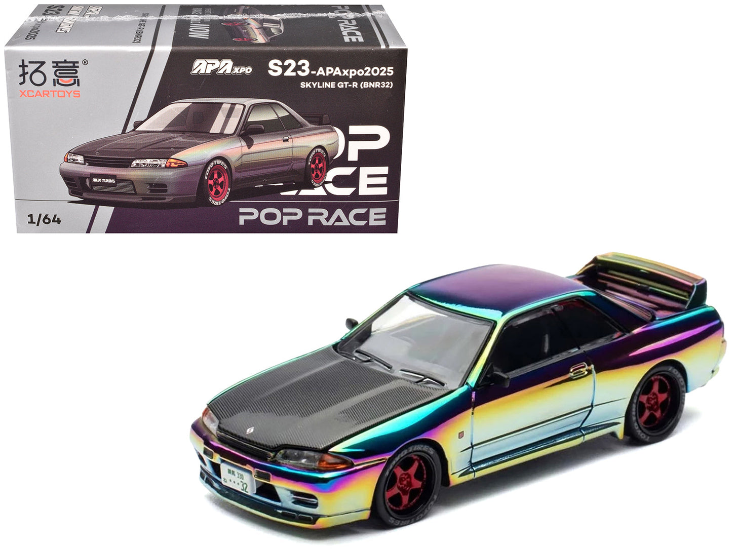 Skyline GT-R (BNR32) RHD (Right Hand Drive) Chameleon Chrome with Carbon Hood "APA XPO 2025 Exclusive 1/64 Diecast Model Car