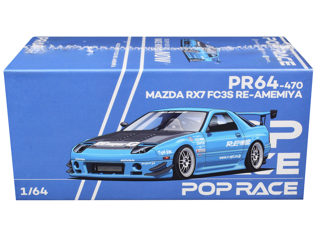 Mazda RX7 (FC3S) RE Amemiya RHD (Right Hand Drive) Light Blue with Carbon Hood "Tokyo Auto Salon 2026" 1/64 Diecast Model Car
