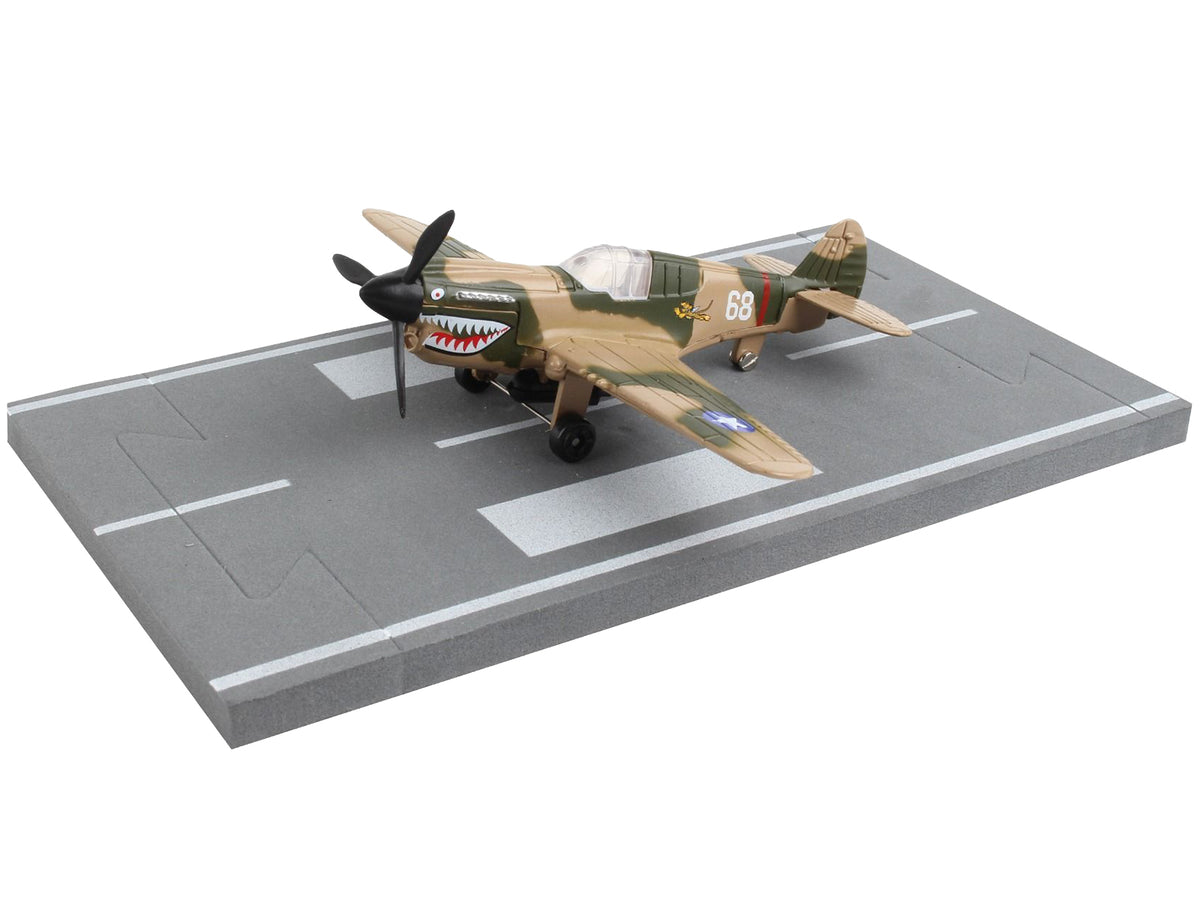 Curtiss P-40 Warhawk Fighter Aircraft Camouflage "Flying Tigers-First American Volunteer Group" with Runway Section Diecast Model Airplane