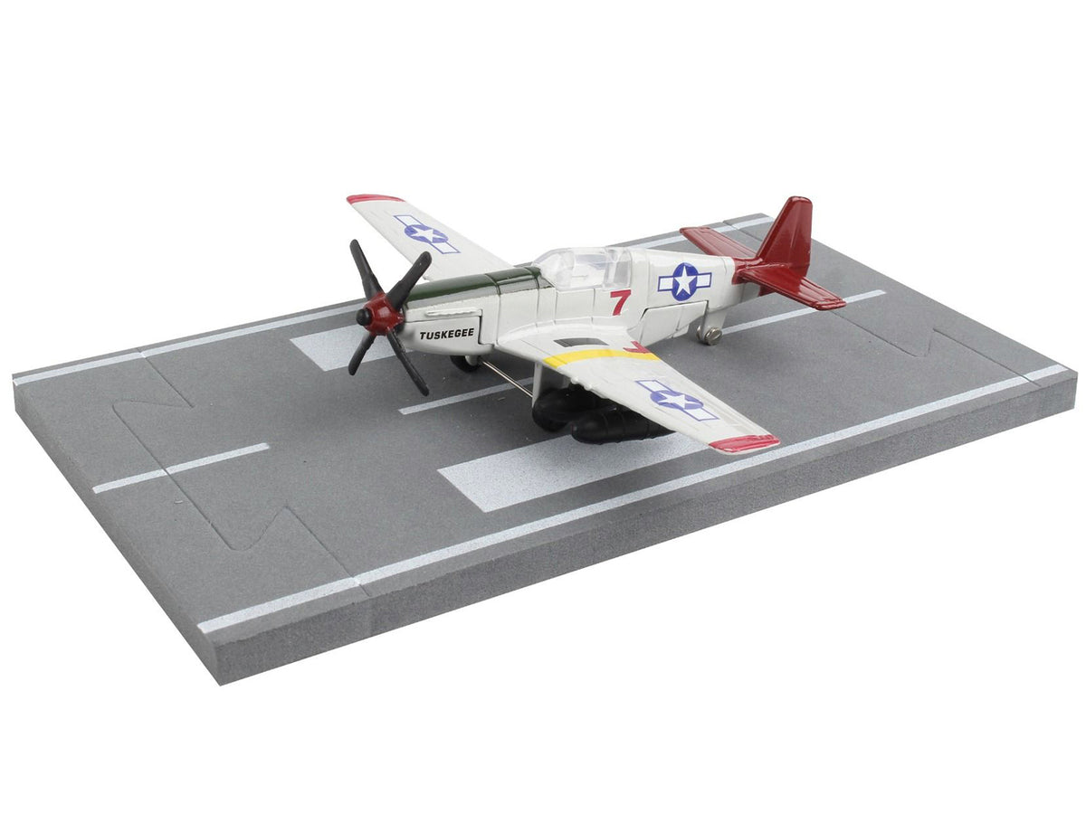 North American P-51C Mustang Fighter Aircraft Gray "Tuskegee Airmen-United States Army Air Force" with Runway Section Diecast Model Airplane