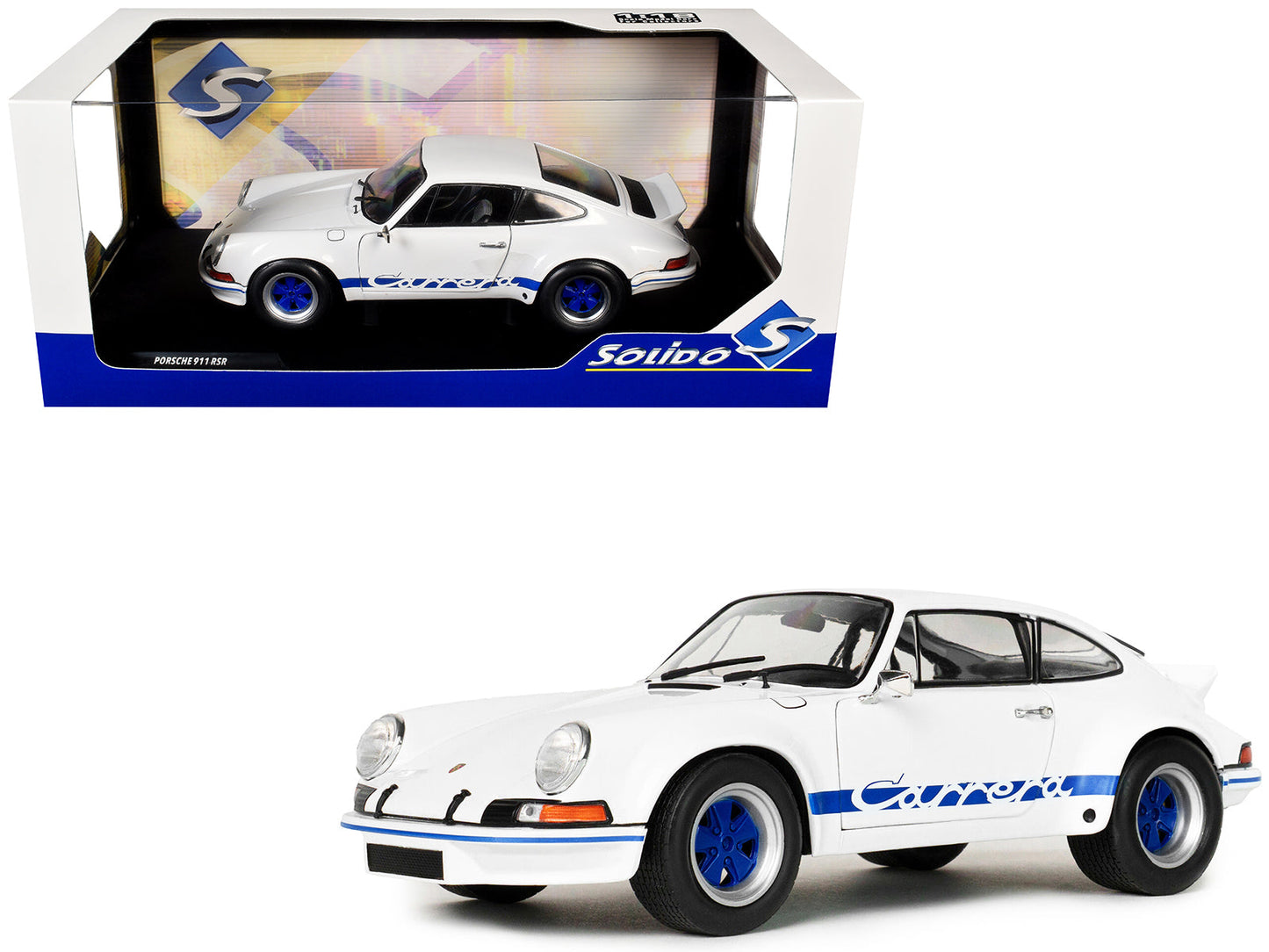 1973 Porsche 911 RSR Carrera White with Blue Stripes 1/18 Diecast Model Car