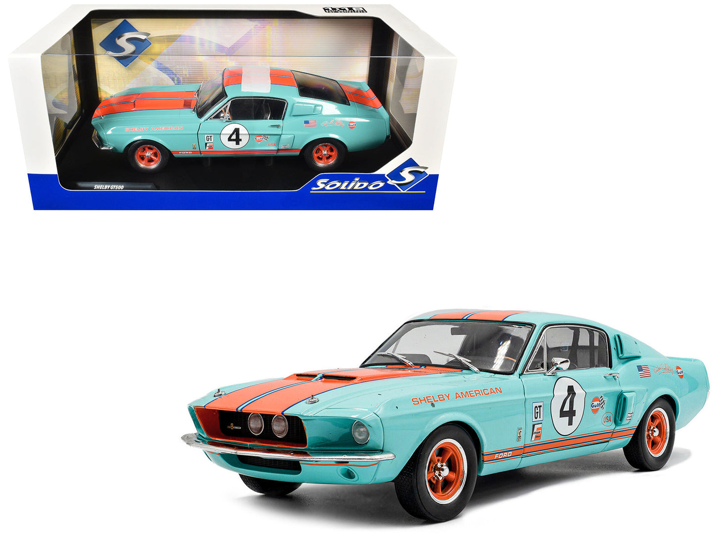 1967 Shelby GT500 #4 "Gulf Racing Tribute" Light Blue with Orange Stripes 1/18 Diecast Model Car