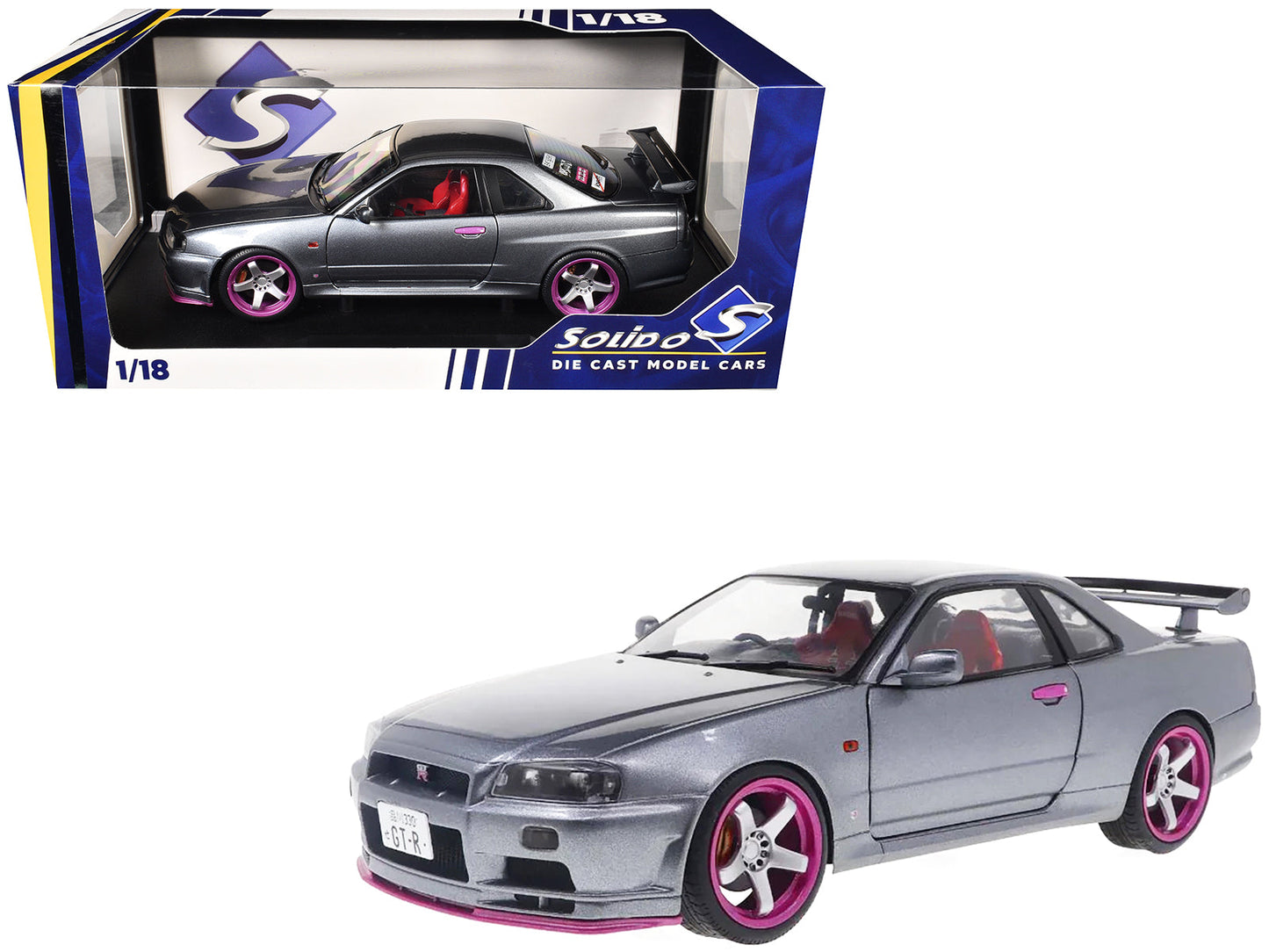 1999 Nissan Skyline GT-R (R34) RHD (Right Hand Drive) Silver Metallic with Purple Wheels 1/18 Diecast Model Car
