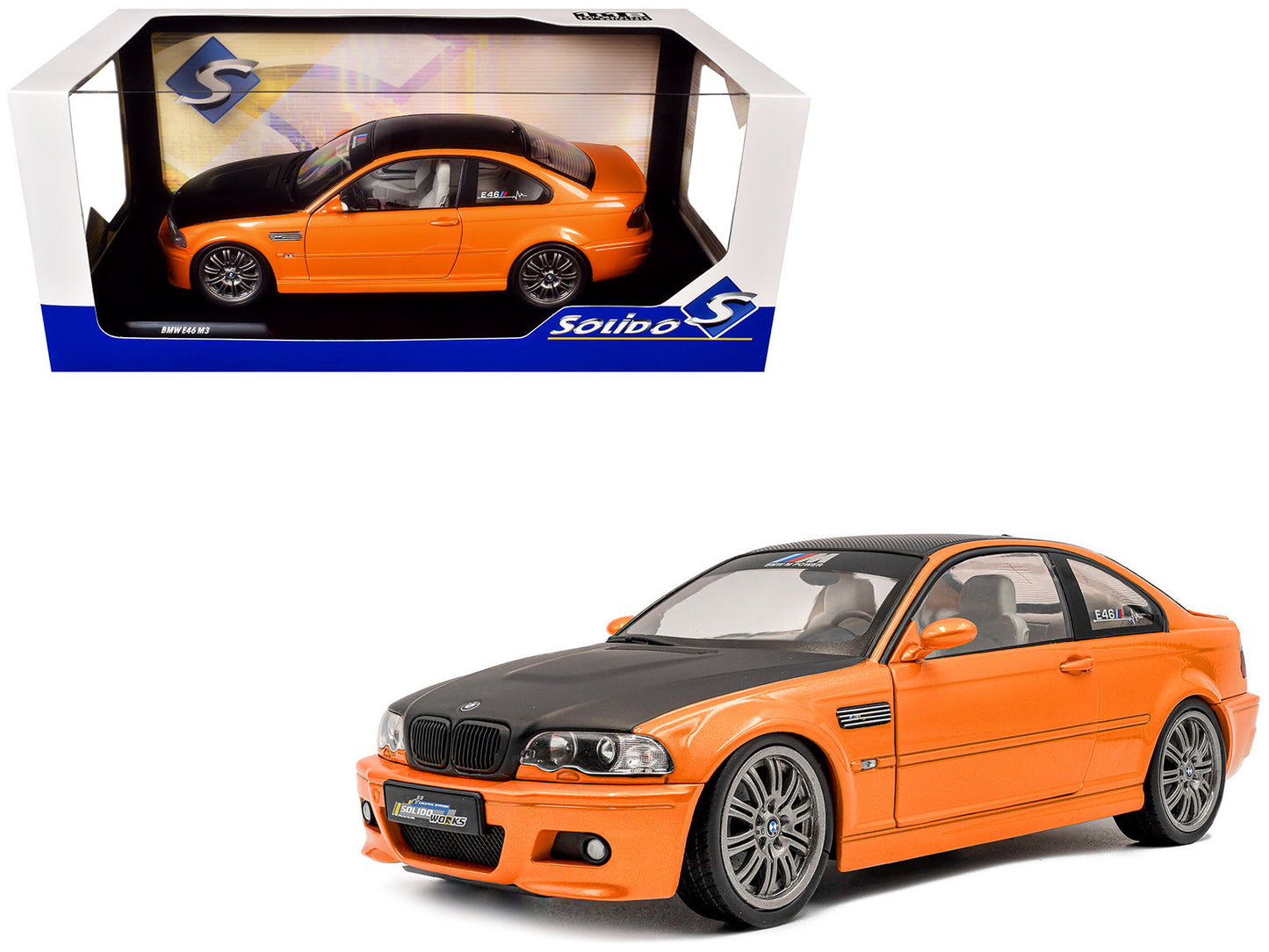 2000 BMW E46 M3 "Solido Works" Orange Metallic with Matt Black Hood and Carbon Top 1/18 Diecast Model Car
