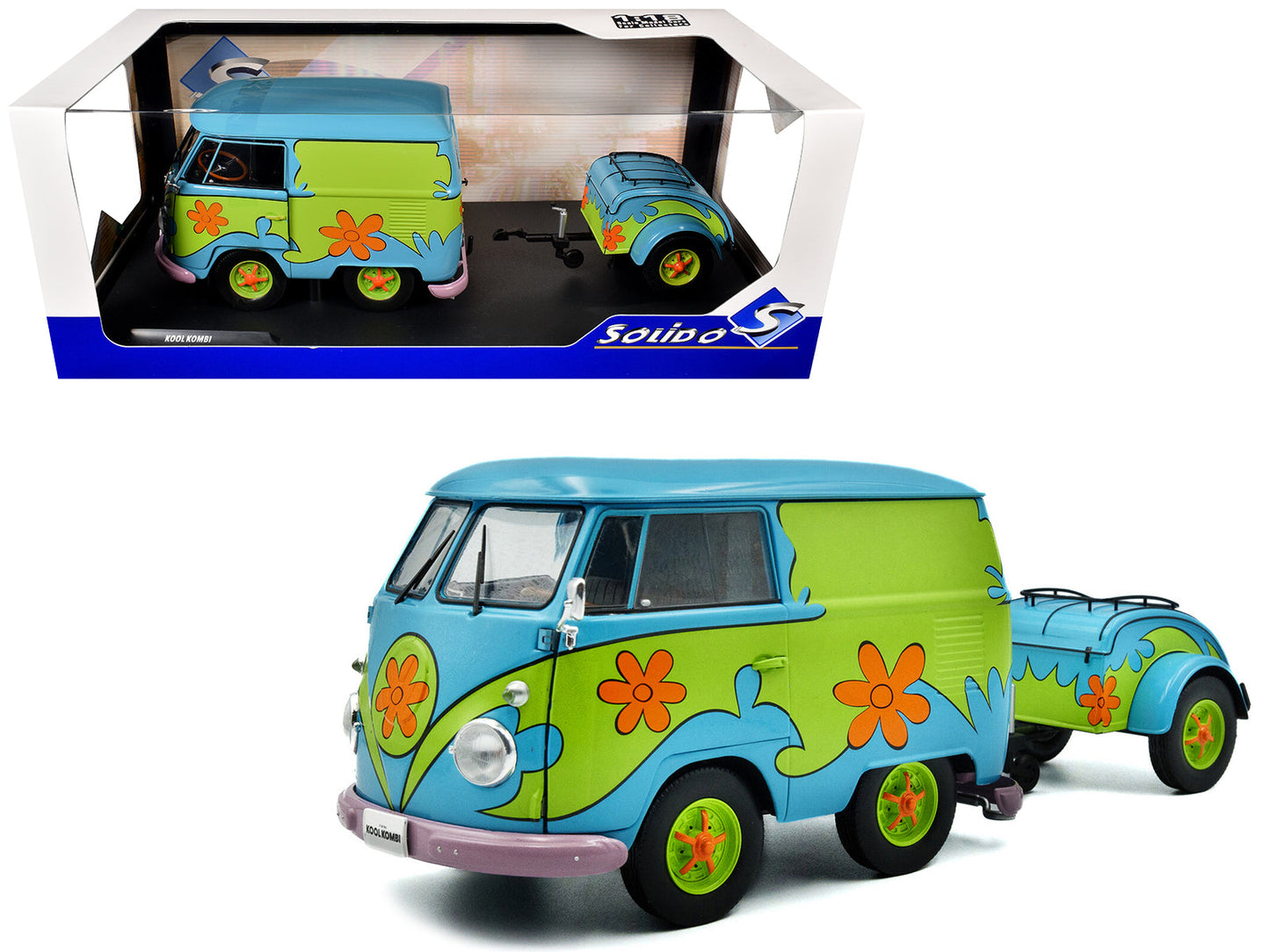 2024 Volkswagen Kool Kombi Van with Trailer "Ghost Hunter" Blue and Green with Graphics 1/18 Diecast Model Car