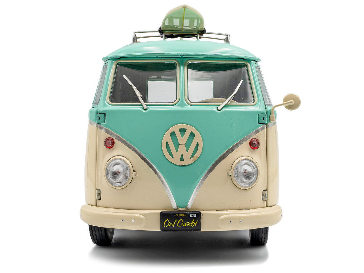 2024 Volkswagen Cool Combi Van with Trailer "Long Beach Surfing Club" Mint Green and Cream with Roof Rack and Surfboard 1/18 Diecast Model Car