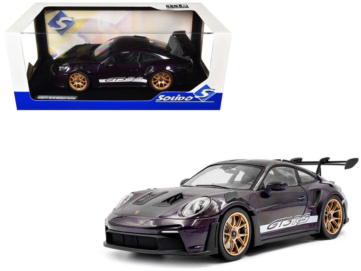 2024 Porsche 911 GT3 RS Weissach Package Viola Purple Metallic with Carbon Hood Stripes and Top 1/18 Diecast Model Car
