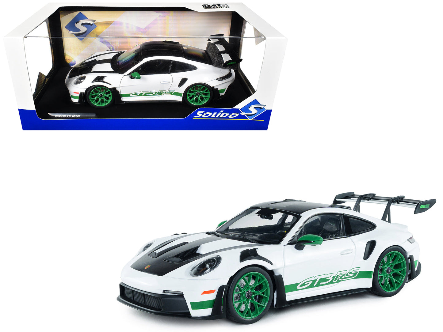 2024 Porsche 911 GT3 RS "Tribute to Carrera RS Package" White with Carbon Hood Stripes and Top and Green Side Stripes and Wheels 1/18 Diecast Model Car