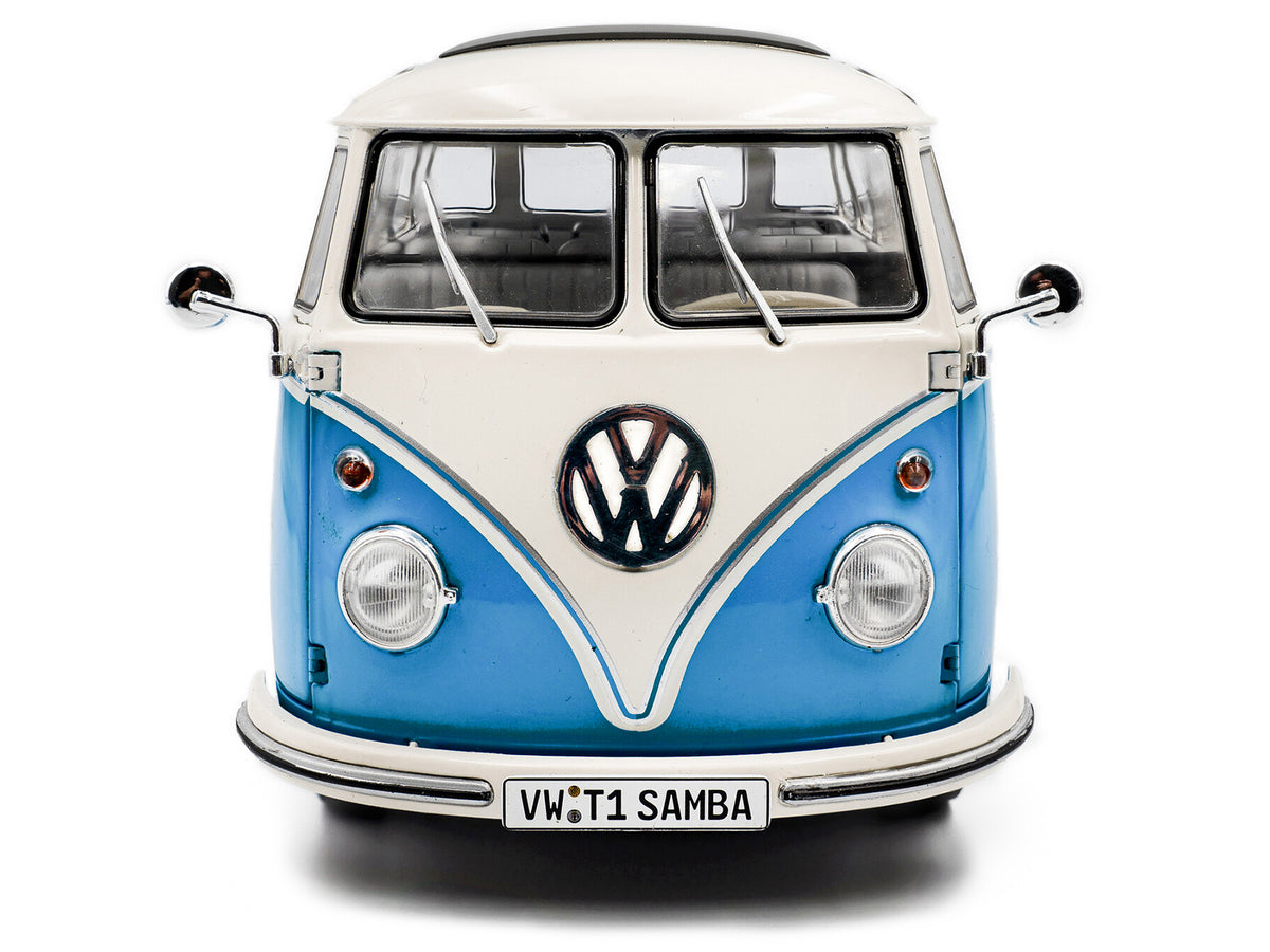 1962 Volkswagen T1 Samba Bus Baby Blue and White 1/18 Diecast Model Car