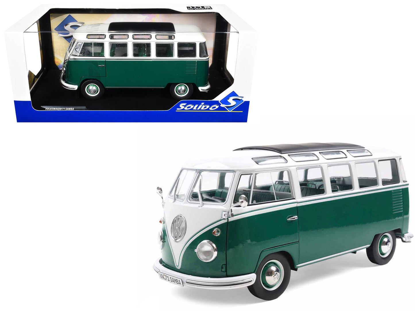 1962 Volkswagen T1 Samba Bus Green and White 1/18 Diecast Model Car