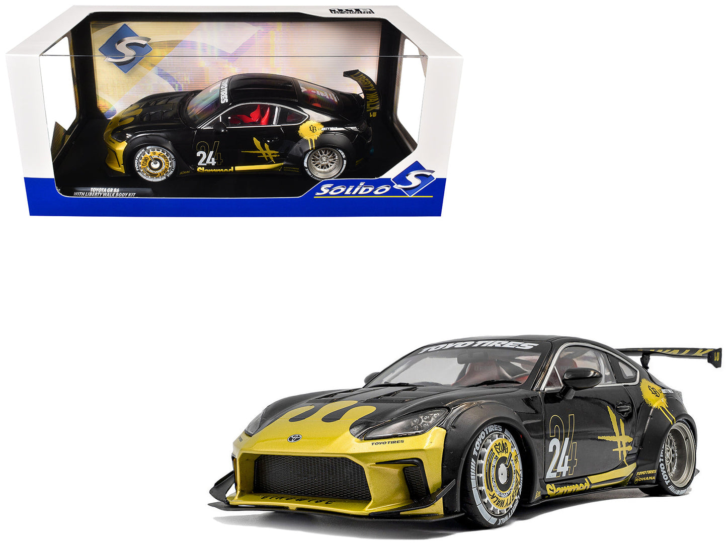 2024 Toyota GR86 Liberty Walk Body Kit RHD (Right Hand Drive) #24 Black with Gold Graphics 1/18 Diecast Model Car