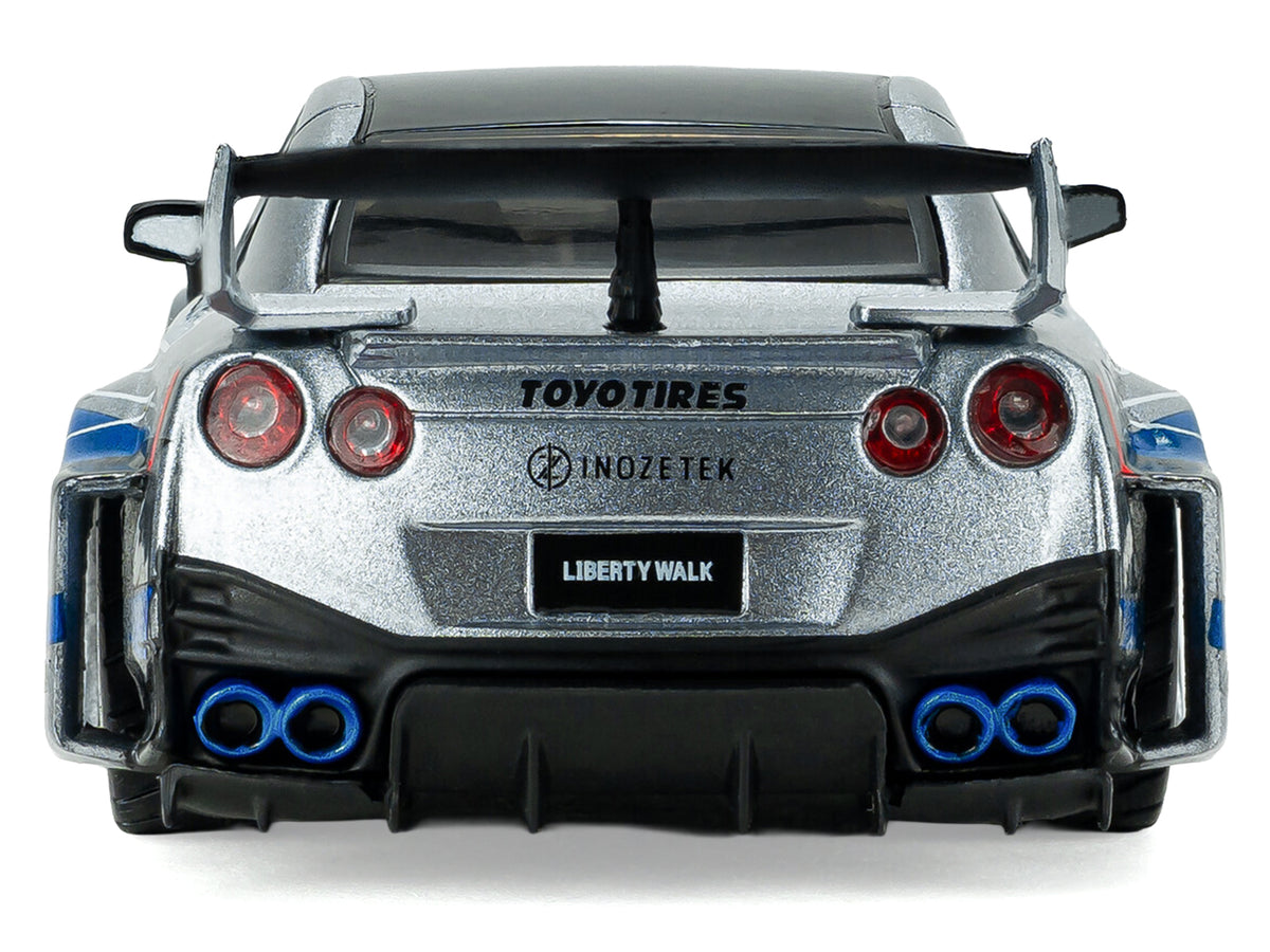 2020 Nissan GT-R (R35) Liberty Walk Silhouette RHD (Right Hand Drive) Silver Metallic with Black Top and Blue Graphics 1/43 Diecast Model Car
