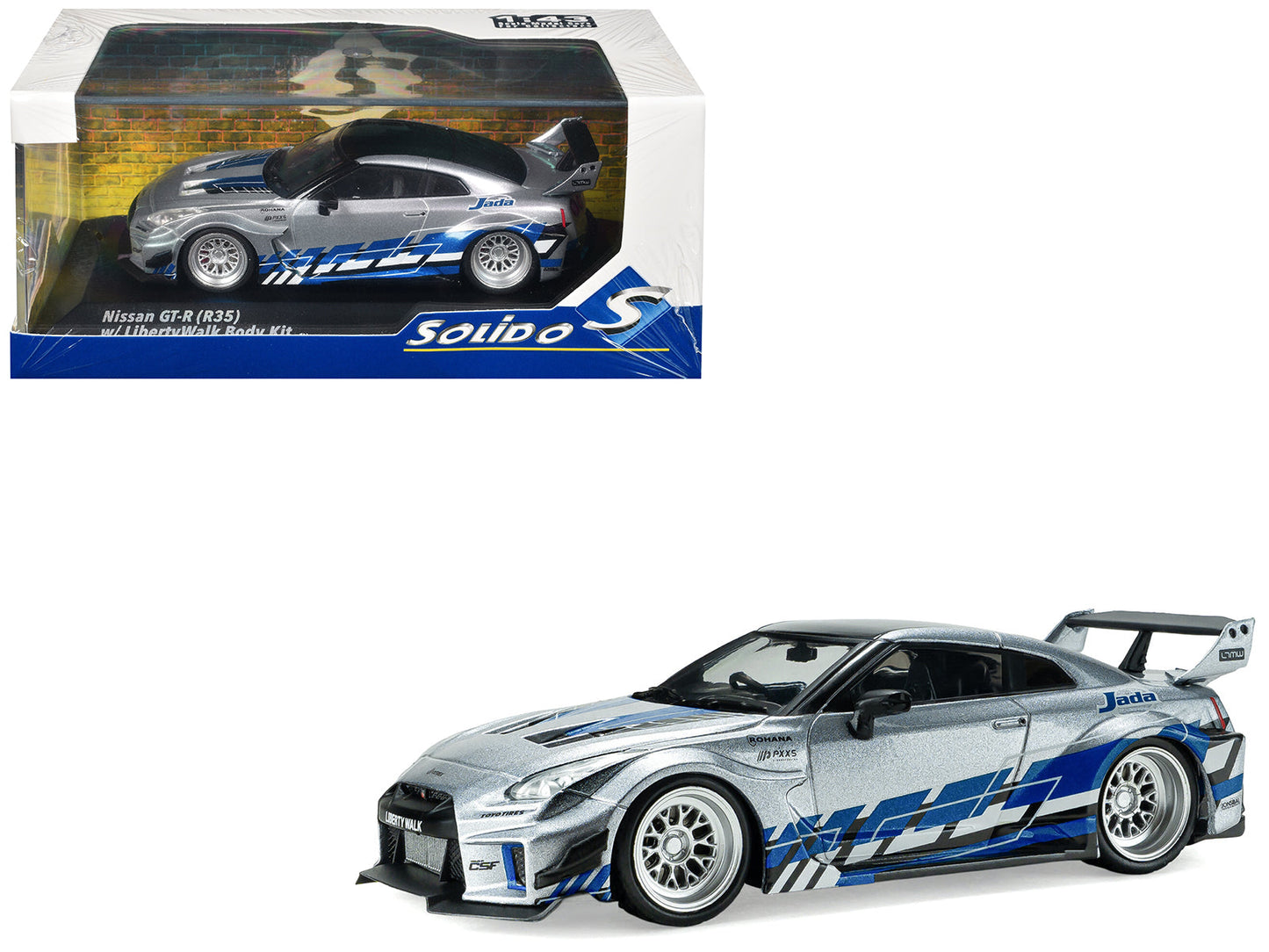 2020 Nissan GT-R (R35) Liberty Walk Silhouette RHD (Right Hand Drive) Silver Metallic with Black Top and Blue Graphics 1/43 Diecast Model Car